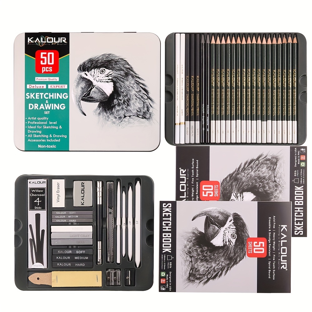Kalour Sketch Drawing Pencils Kit With Two Sketchbook tin - Temu