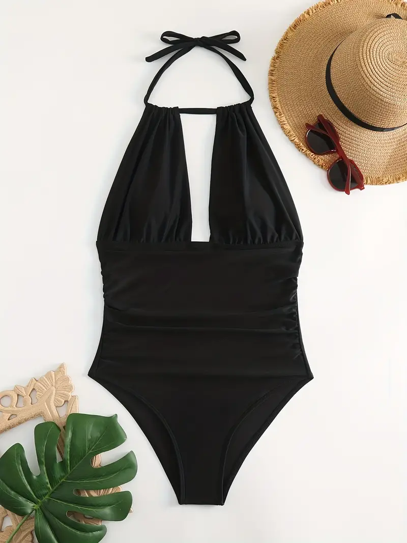 Black Halter Neck One Piece Swimsuit, Tummy Control Backless High Cut  Bathing Suit, Women's Swimwear & Clothing