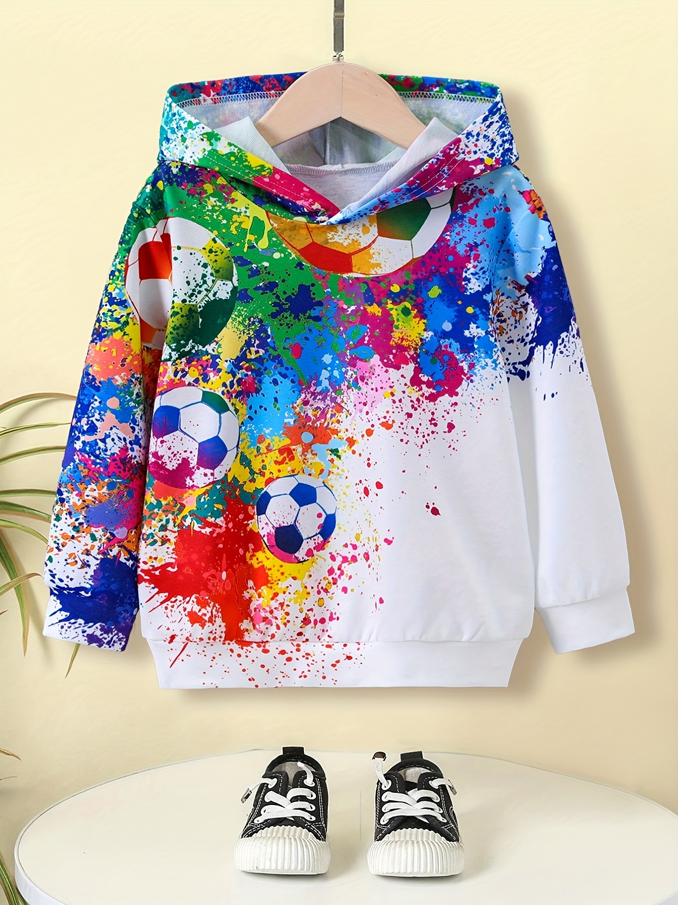 Colorful Splash Ink And Football Print Boys Casual Pullover Long Sleeve Hoodies Boys Sweatshirt For Spring Fall Kids Hoodie Tops Outdoor