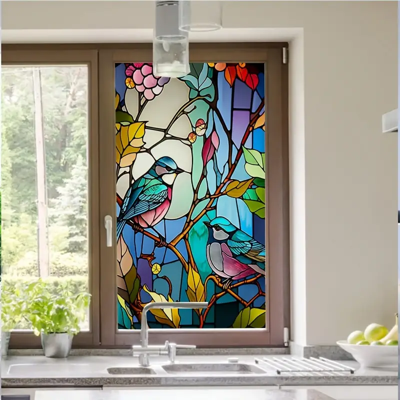 Stained Glass Window Film Flowers Butterfly Birds Static - Temu