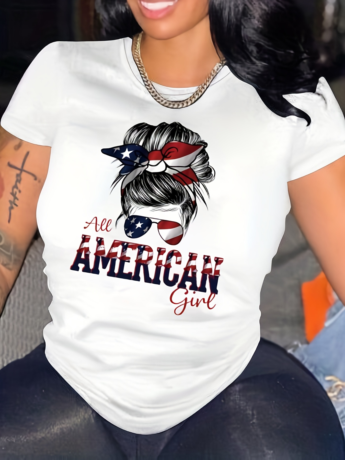 Cotton Polyester Spandex Shirt Independence Day for Women Plus Size  American 4 of July Printed V Neck Short