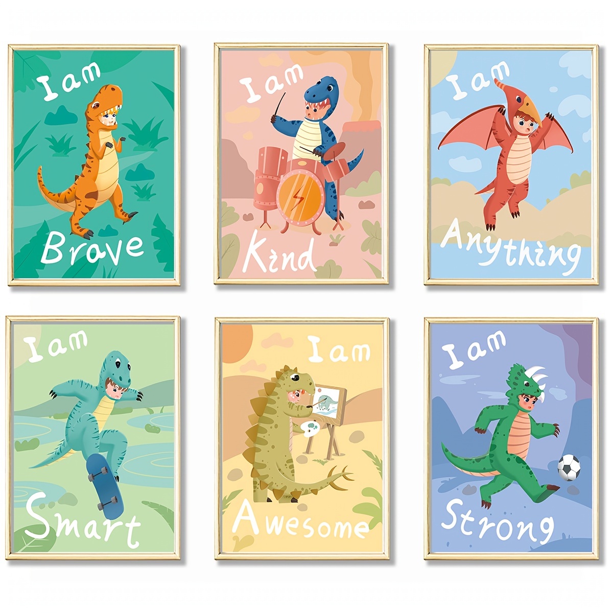 Inspirational Dinosaur Watercolor Art Prints Set of 6 (8”X10