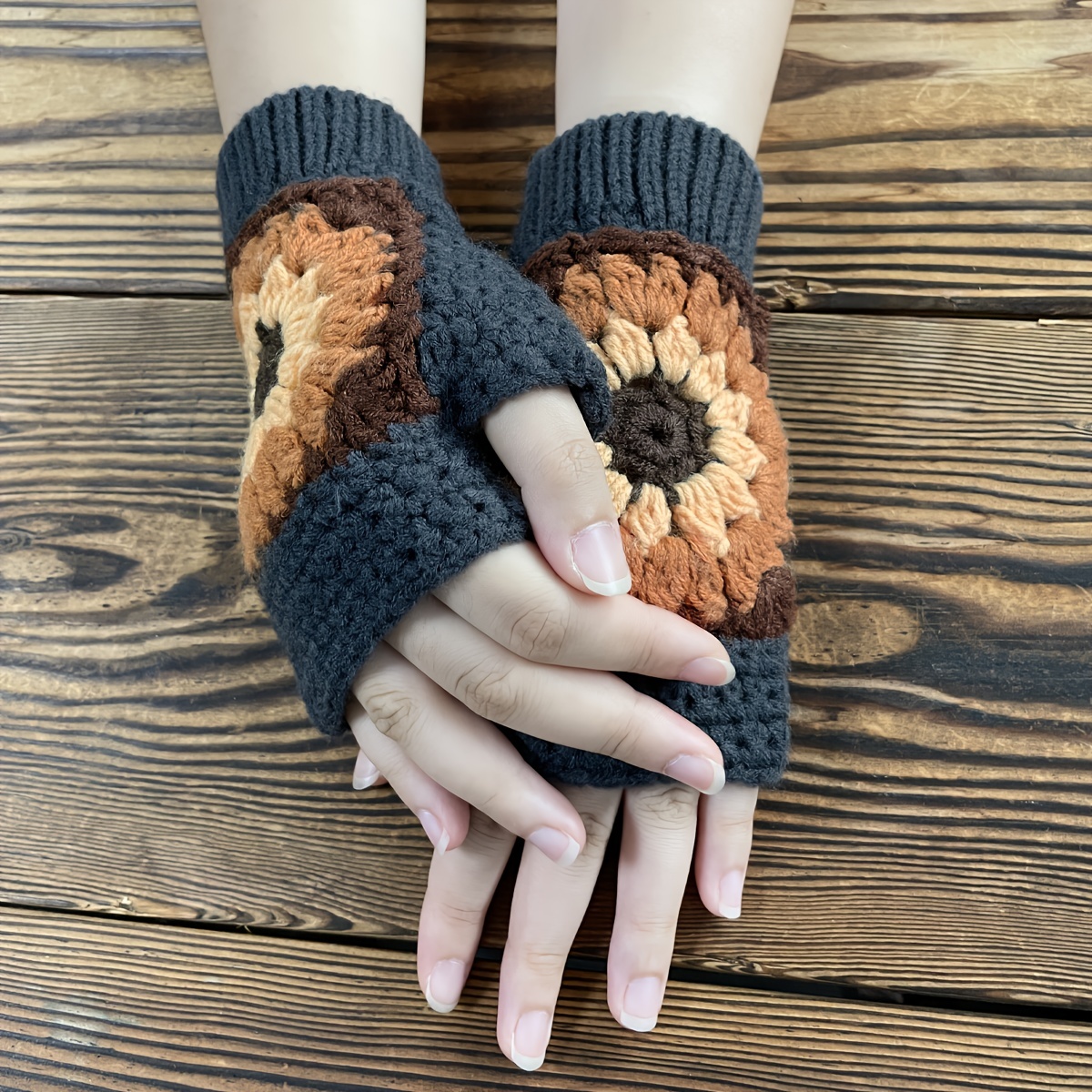 Womens Floral Embroidery Knitted Gloves Autumn Winter Crochet Gloves  Fingerless Wrist Length Mittens Gloves