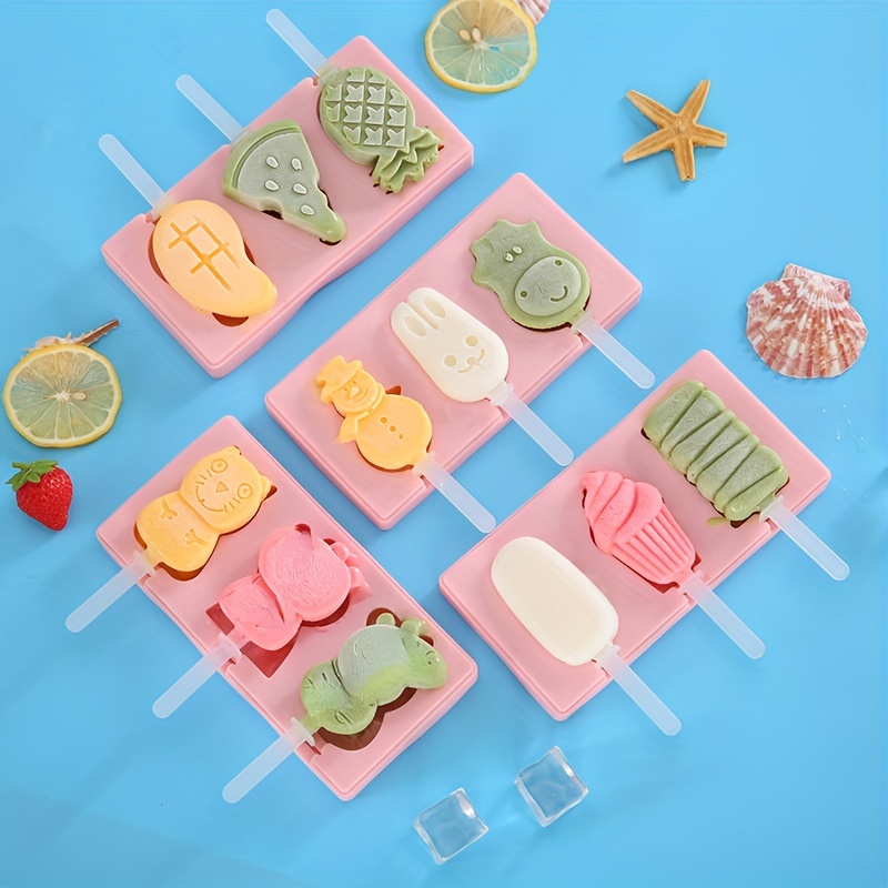 3 Cavity Popsicle Molds Food Safe Ice Pop Mold Fruit Makers Cute Cartoon  Shapes