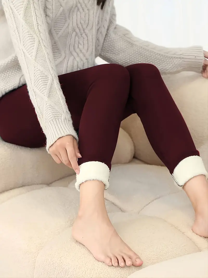 Solid Sherpa Warm Plush Lining Leggings Casual Stretchy Long