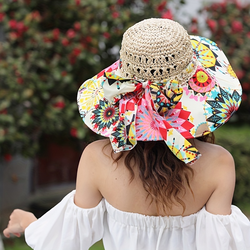 Hollow Crochet Boho Sun Hat, Bucket Hats Wide Brim Bowknot Travel Beach Hats Breathable Casual Straw Hats,Temu