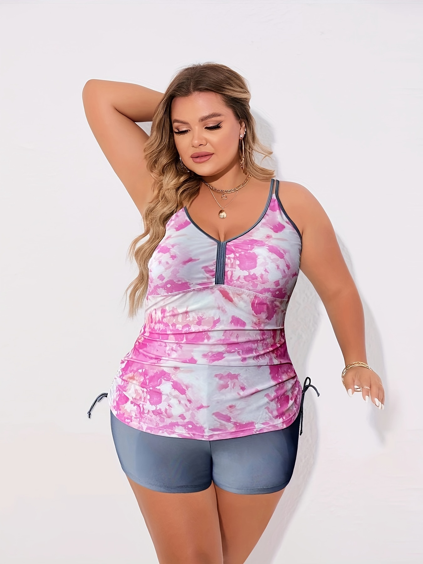 Plus Size Casual Tankini Set Womens Plus Tie Dye Round Neck Temu Denmark