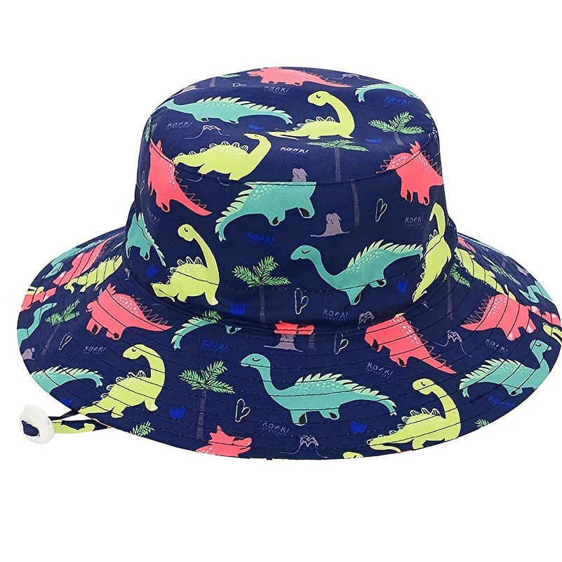 Kids Dinosaur Print Wide Brim Drawstring Fisherman's Hat, Breathable Sunscreen Bucket for Outdoor Hiking Beach Children, Christmas Gifts, Boys