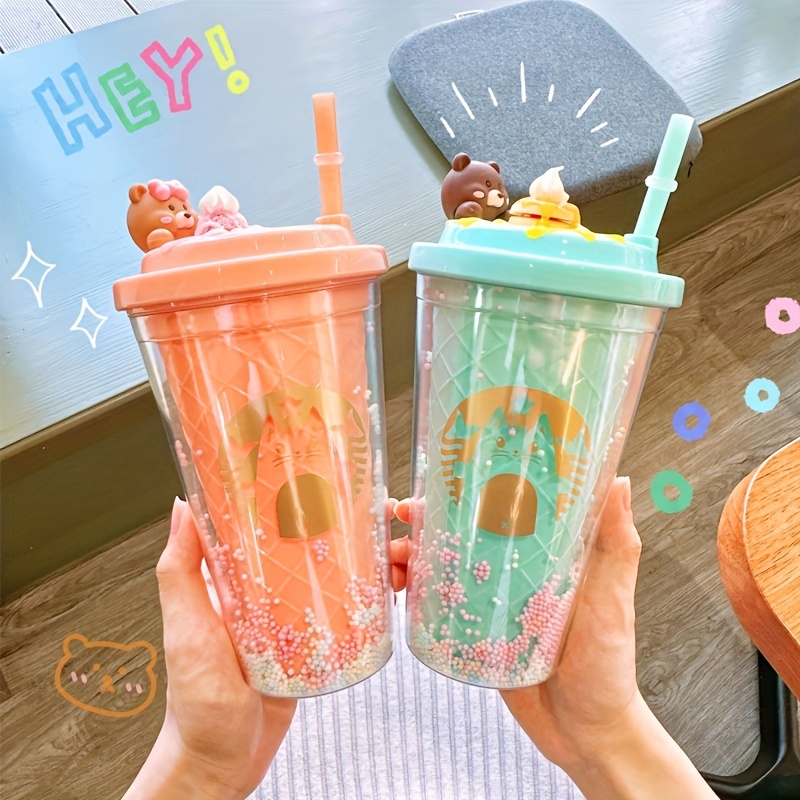 430ml Cute Children Double Drinking Water Bottle Straw Portable