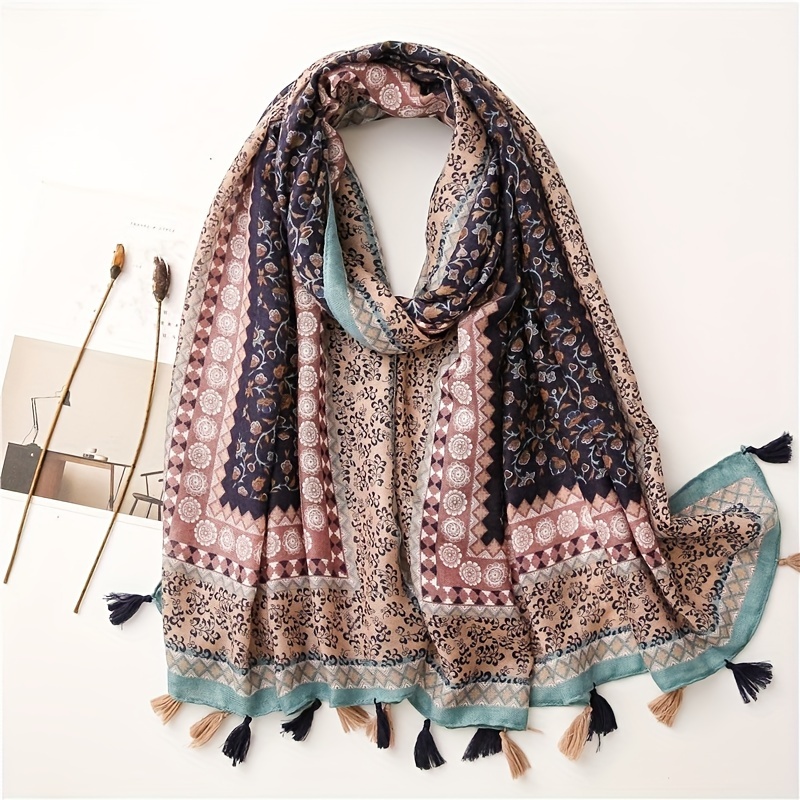 

Bohemian Floral Geometric Printed Scarf Thin Breathable Tassel Shawl Windproof Head Wrap Sunscreen Travel Scarf For Women