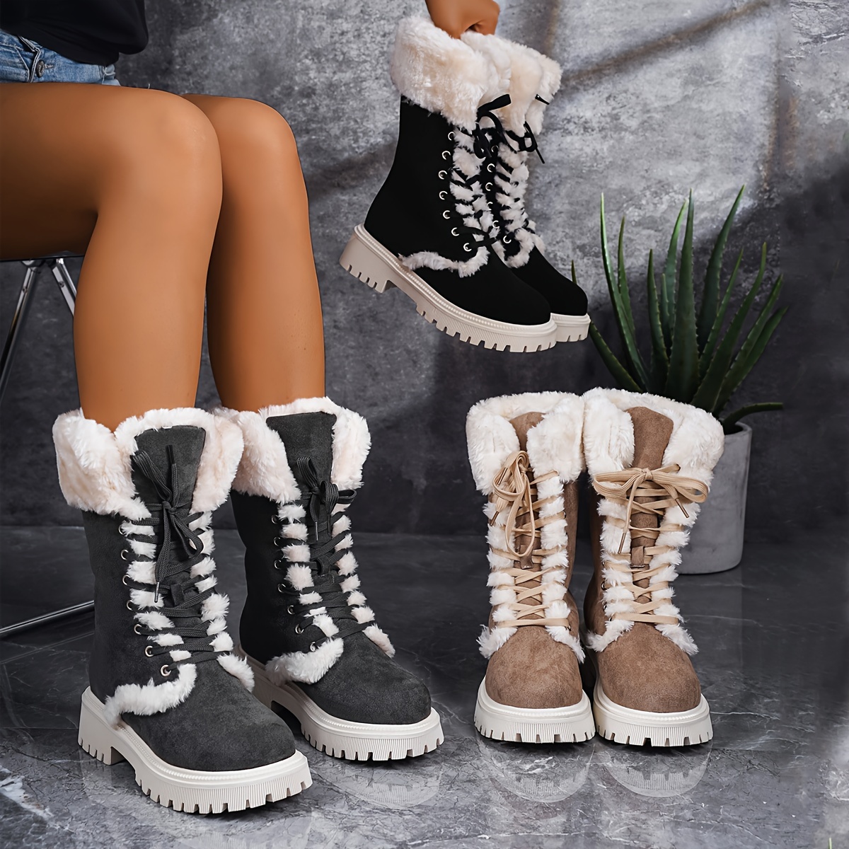 

Women's Fleece Lined Snow Boots, Winter Warm Lace Up Flat Mid Calf Boots, Thermal Outdoor Chunky Boots