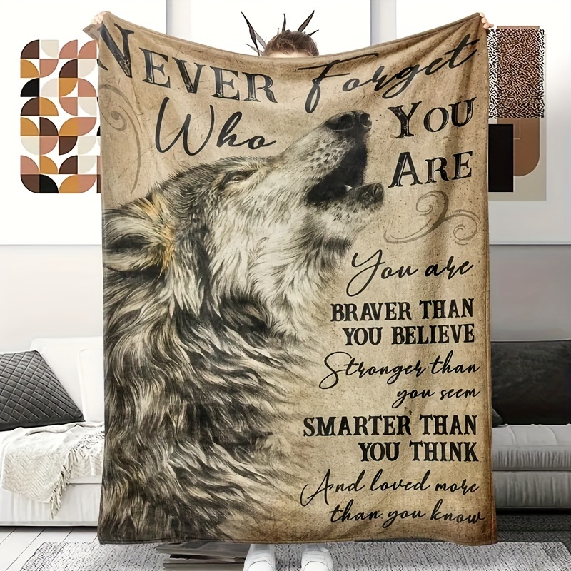 

1pc Soft And Cozy Vintage Wolf Slogan Flannel Blanket Tperfect For Travel, Sofa, Bed, And Home Decor - Ideal Birthday Or Holiday Gift For Boys, Girls, And Adults Available All Season