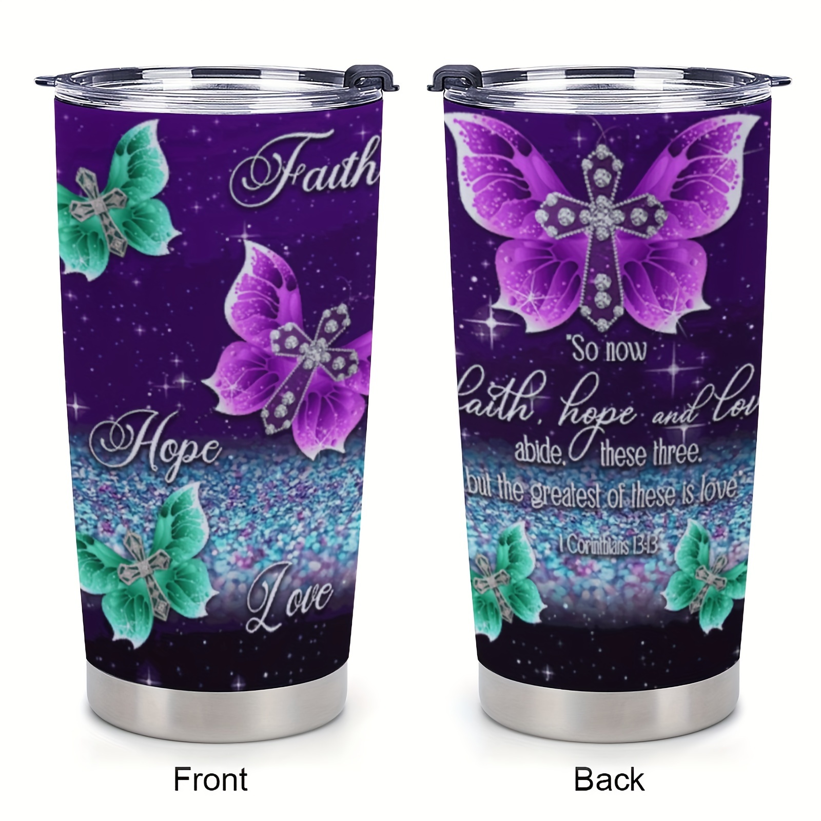 Faith Love Hope Purple Butterfly 20 oz insulated tumbler with lid and straw