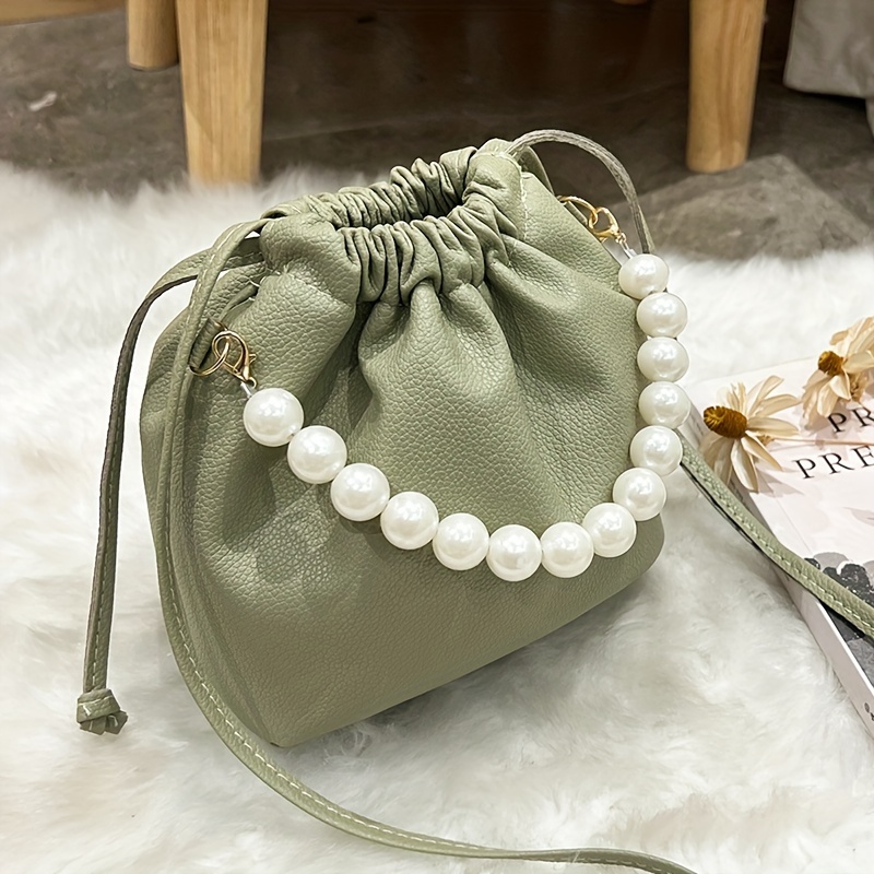 Mini Bucket Bag Quilted Faux Pearl Decor Drawstring Design