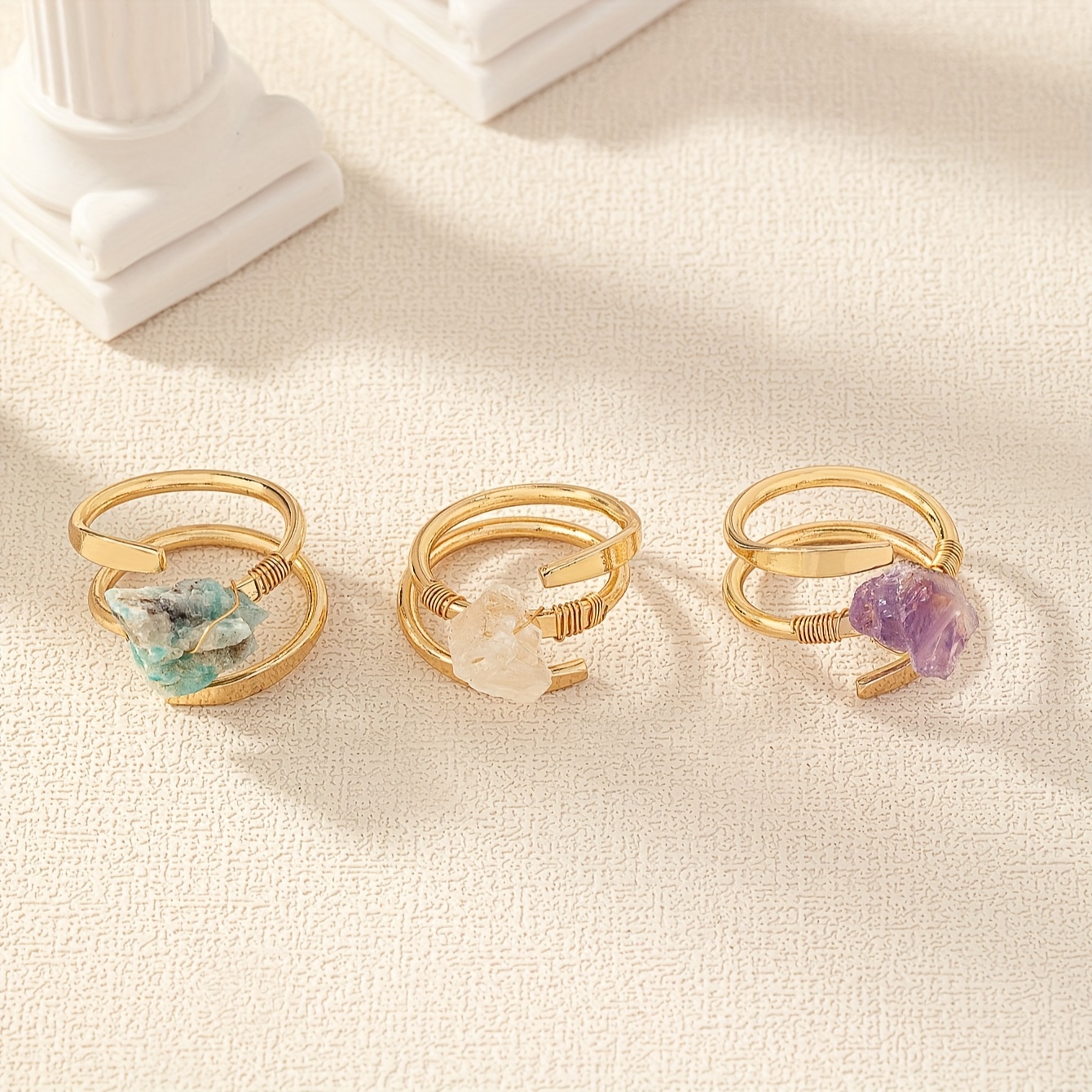 

3pcs/set Natural Stone Amethyst Iron Wire Wrap Decorative Ring Finger Jewelry For Women