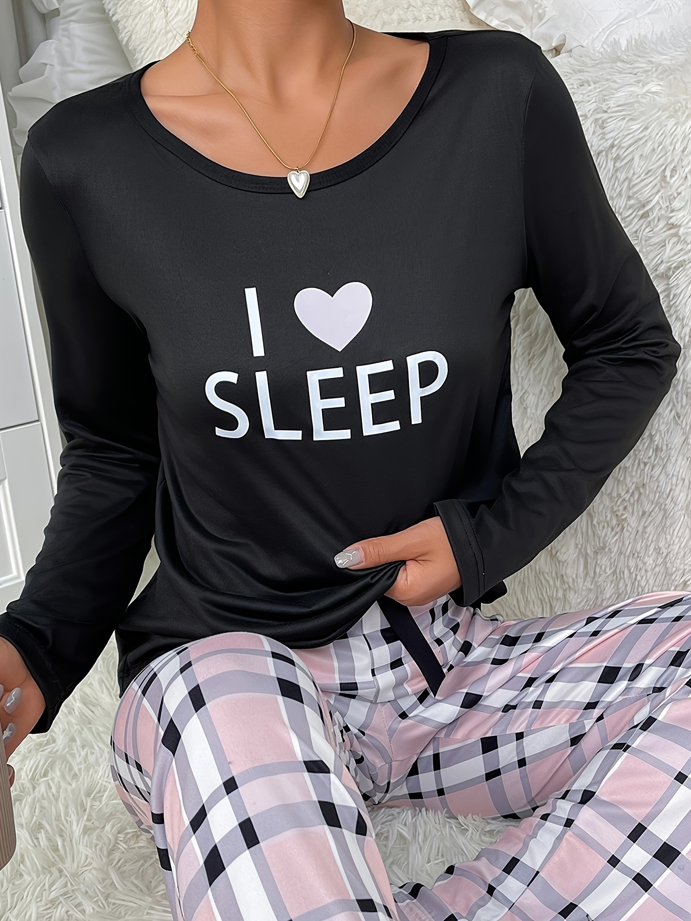 Letter Print Pajama Set Long Sleeve Crew Neck Top Plaid - Temu Australia