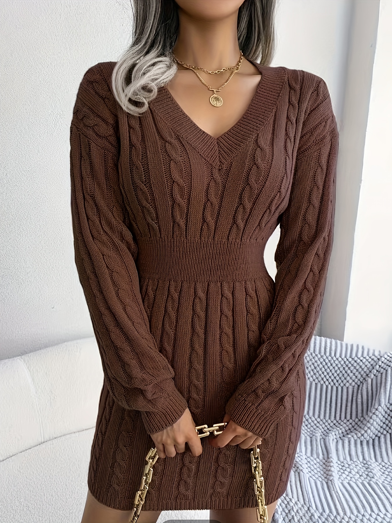 Cable Knit Sweater Dress Casual V Neck Long Sleeve Bag Hip - Temu
