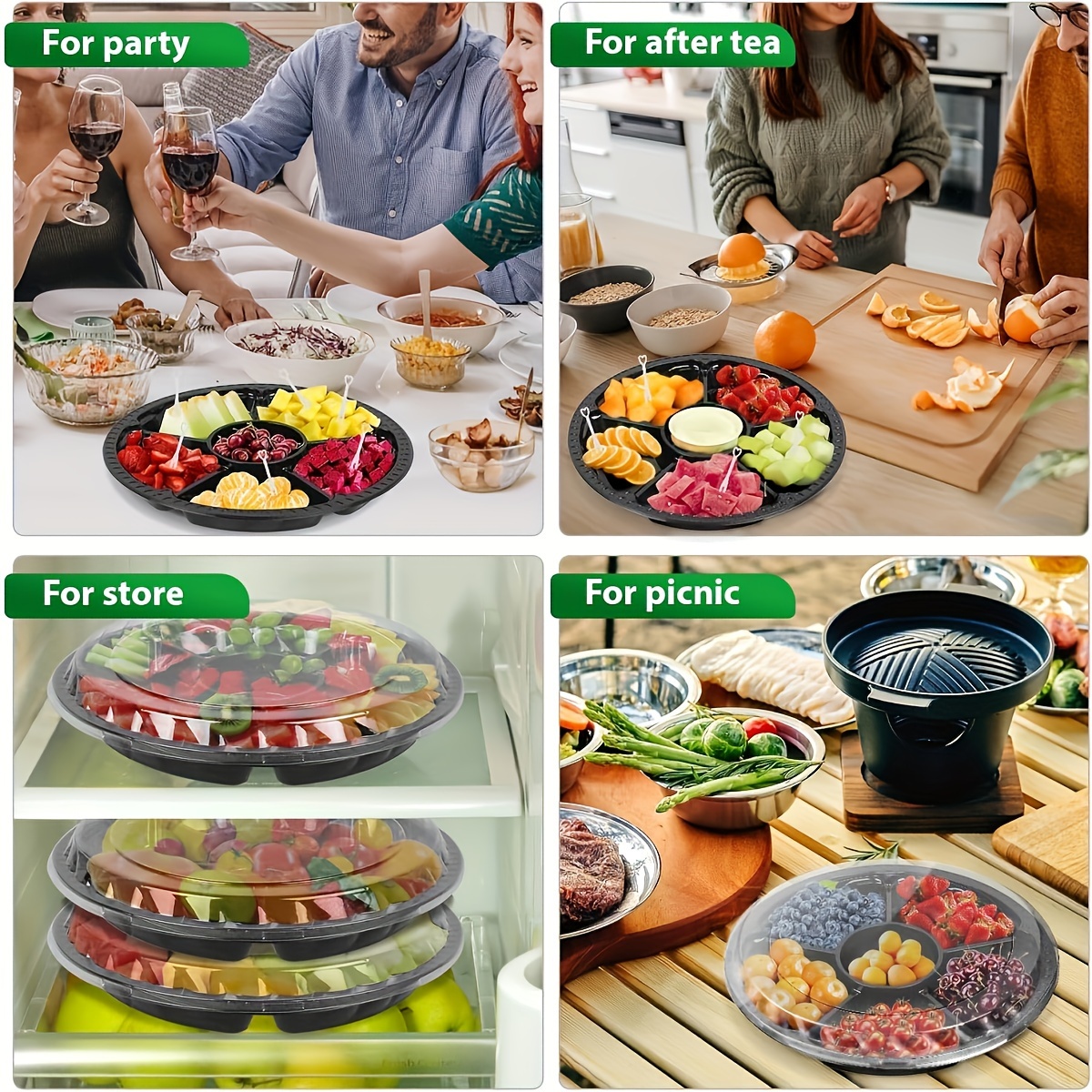  Apatal 12 bandejas desechables para frutas, bandeja redonda de  plástico para servir aperitivos con tapa, 6 compartimentos, recipientes  divididos de alimentos para aperitivos, ensalada de verduras, verduras,  organizador de frutas, color