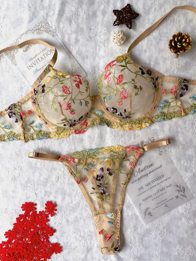 Floral Embroidery Lingerie Set, Sheer Unlined Bra & Mesh Thong, Women's *  Lingerie & Underwear