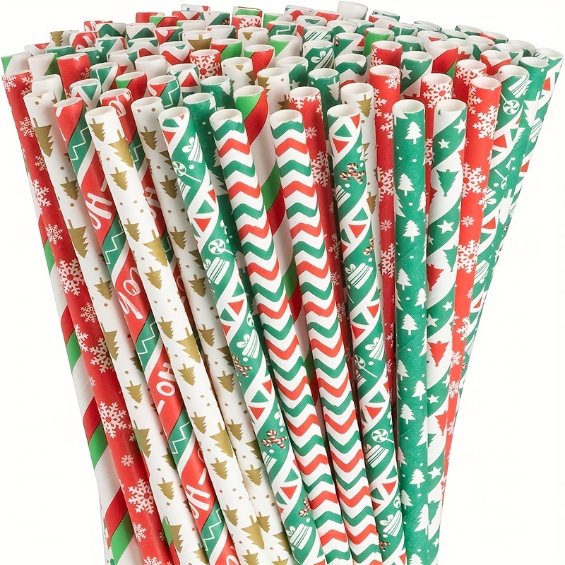 25pcs Christmas Paper Straws Snowflake Drinking Straw Christmas Decorations for Home Xmas Happy New Year Noel Party Supply, Red
