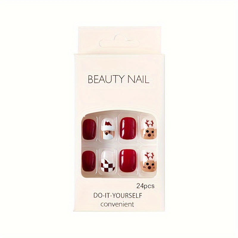 24pcs short square shape press on nails fake nail with deer chessboard pattern decor full cover nails for women details 4