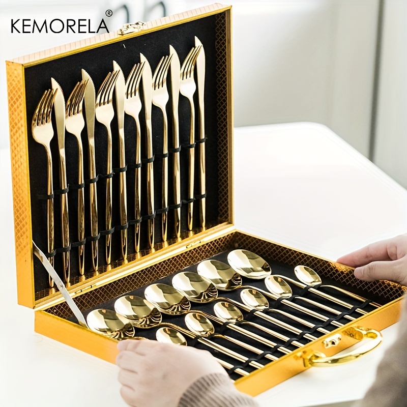 

24pcs Elegant Tableware Set, Stainless Steel Mirror Polished Silverware Set, Golden/ Silvery Flatware Set With Gift Box, Wedding Dining Household Fork Spoon Knife Cutlery Set, Kitchen Accessories