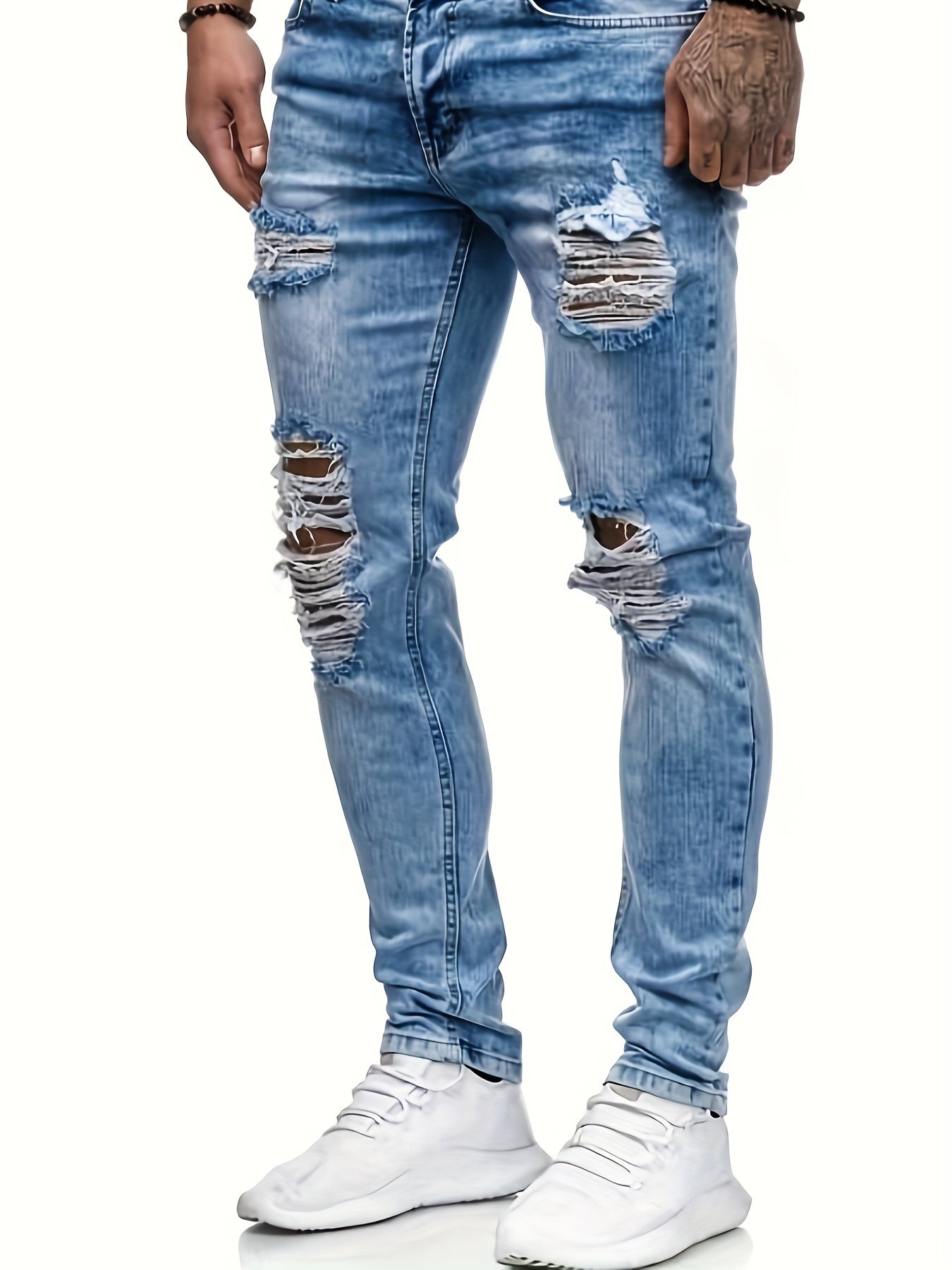 Jeans Ajustados Rasgados Casuales Hombres Estiramiento Medio