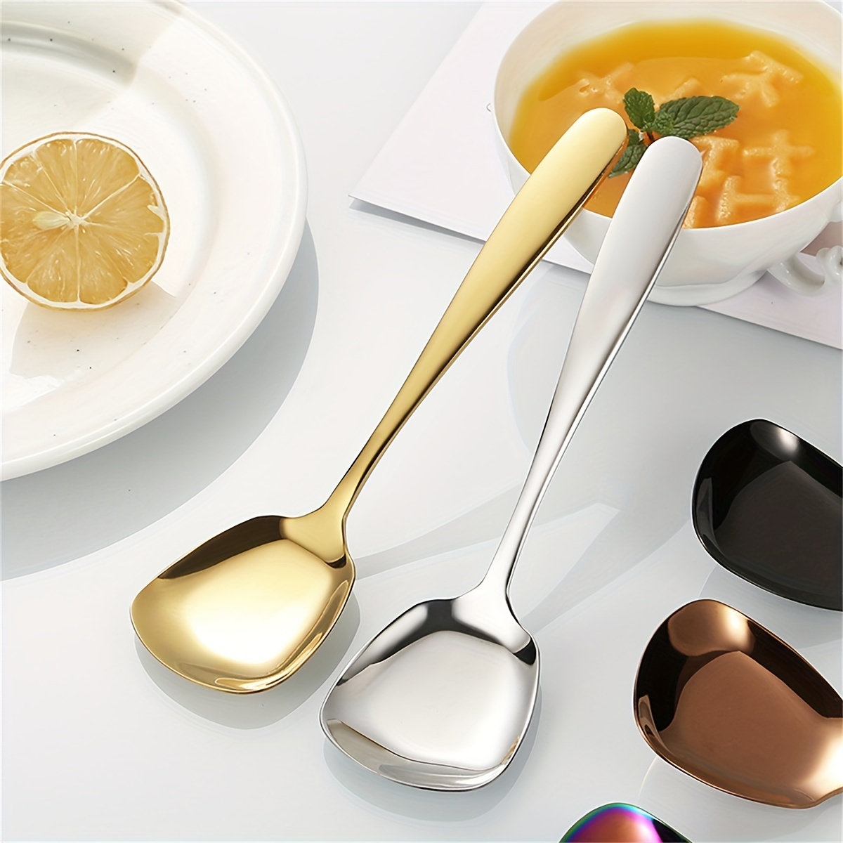 304 Stainless Steel Square Head Soup Spoon Solid Color Fruit