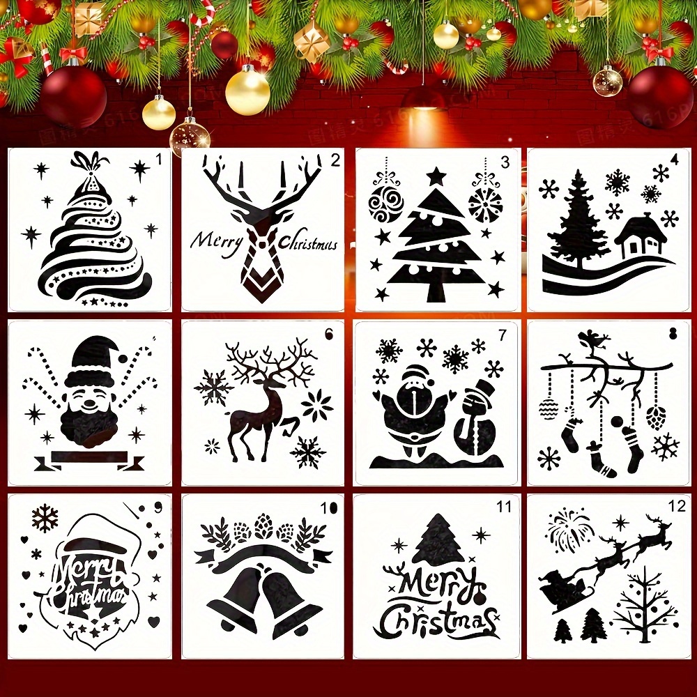 12Pcs Christmas Stencils for Painting on Wood Reusable Christmas