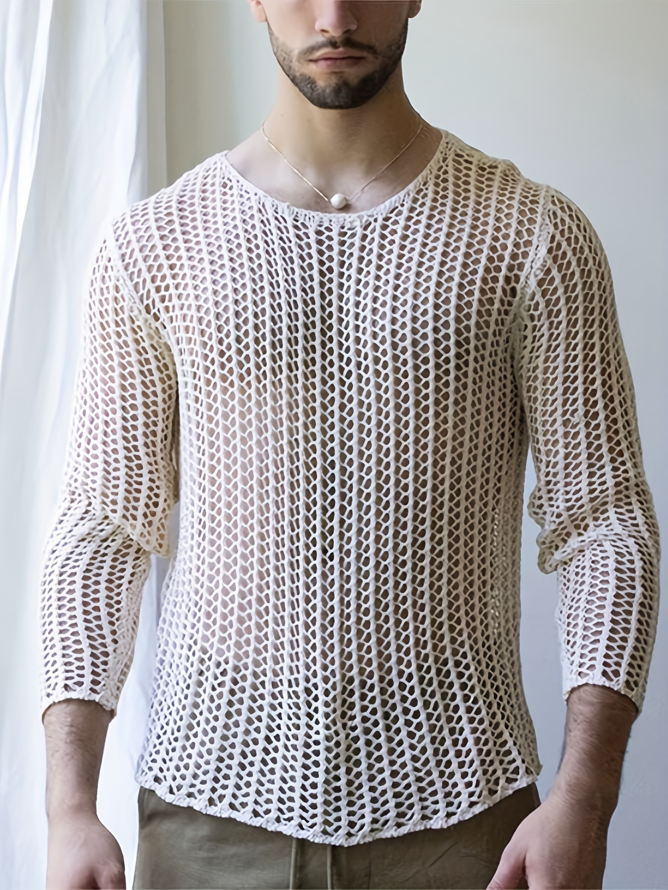 Men's Fashion Summer Long Sleeve Loose Plaid Shirt White See-through Party  Tops