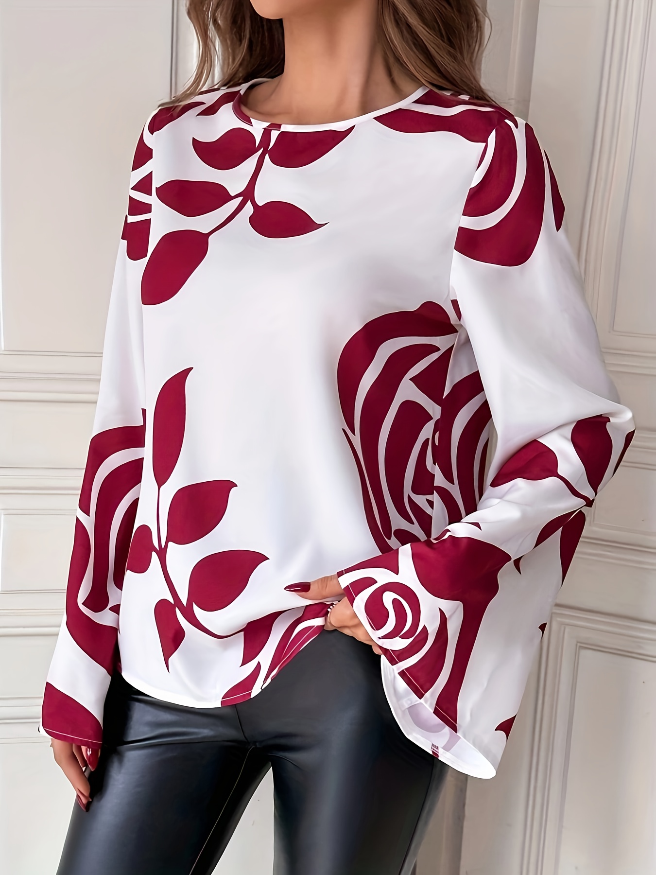 Блуза с круглым вырезом с цветочным принтом, повседневная блузка с длинным рукавом, женская одежда