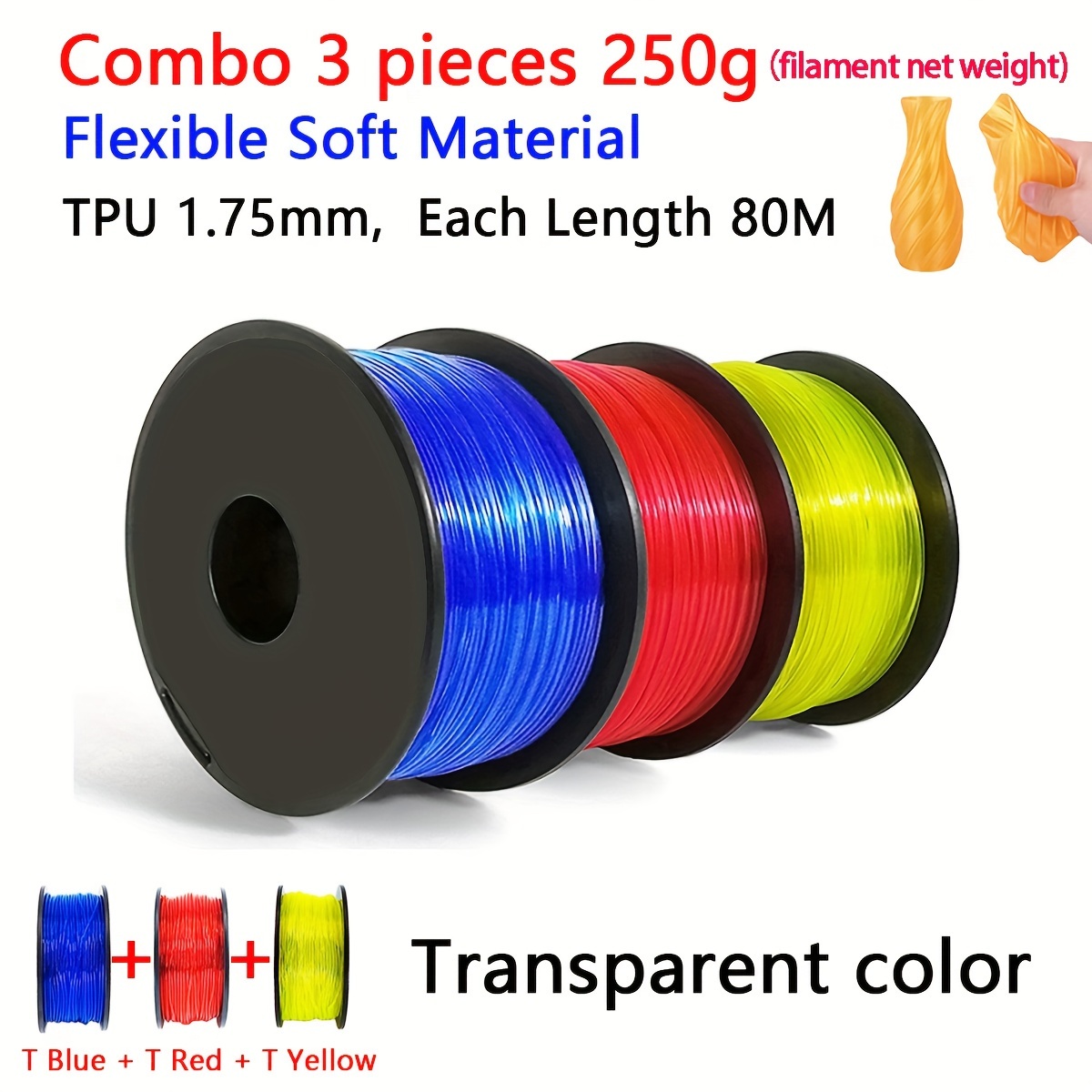 Translucent Red Flexible PLA 3D Printing Filament 1kg/2.2lb 1.75mm