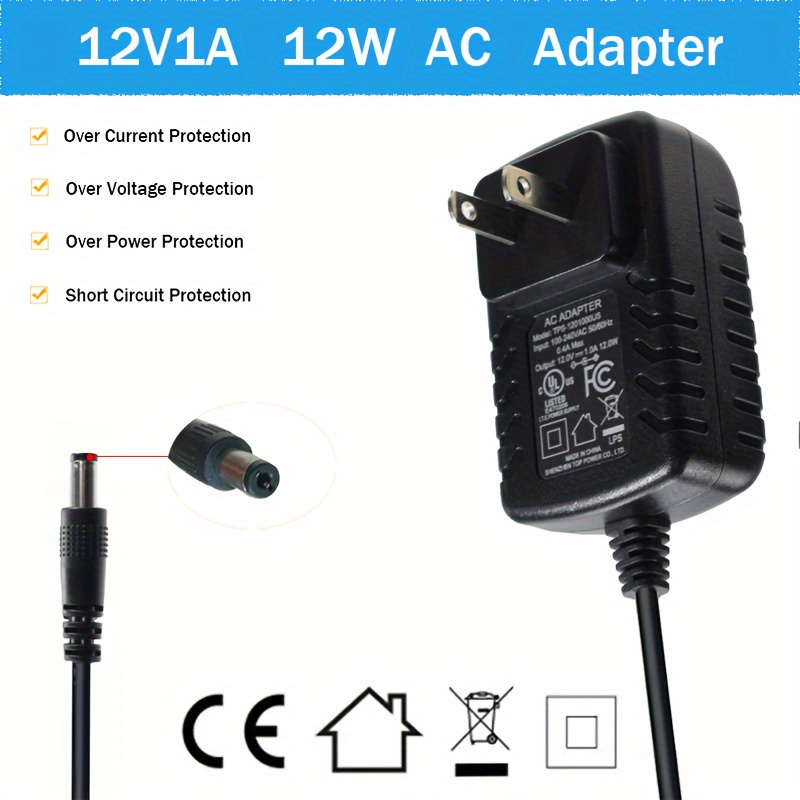 12 Volt Power Supply - 1 Amp Standard (12V 1A DC) 12W Adapter Connector  Size 5.5mm x 2.1mm 