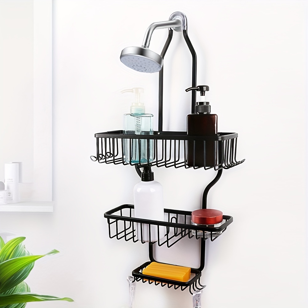 1pc Rustproof and Waterproof Hanging Shower Caddy with 10 Hooks - 3 Layers  Bathroom Storage Rack Shelf for Over Shower Head