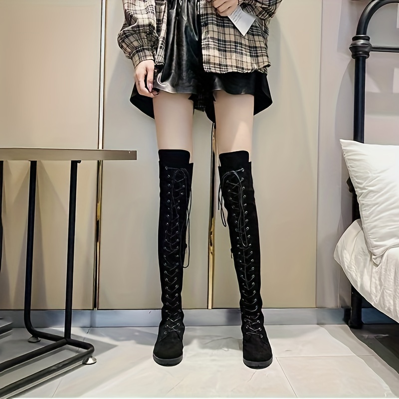 Women's Chunky Heeled Long Boots Retro Solid Color Lace Knee - Temu Canada