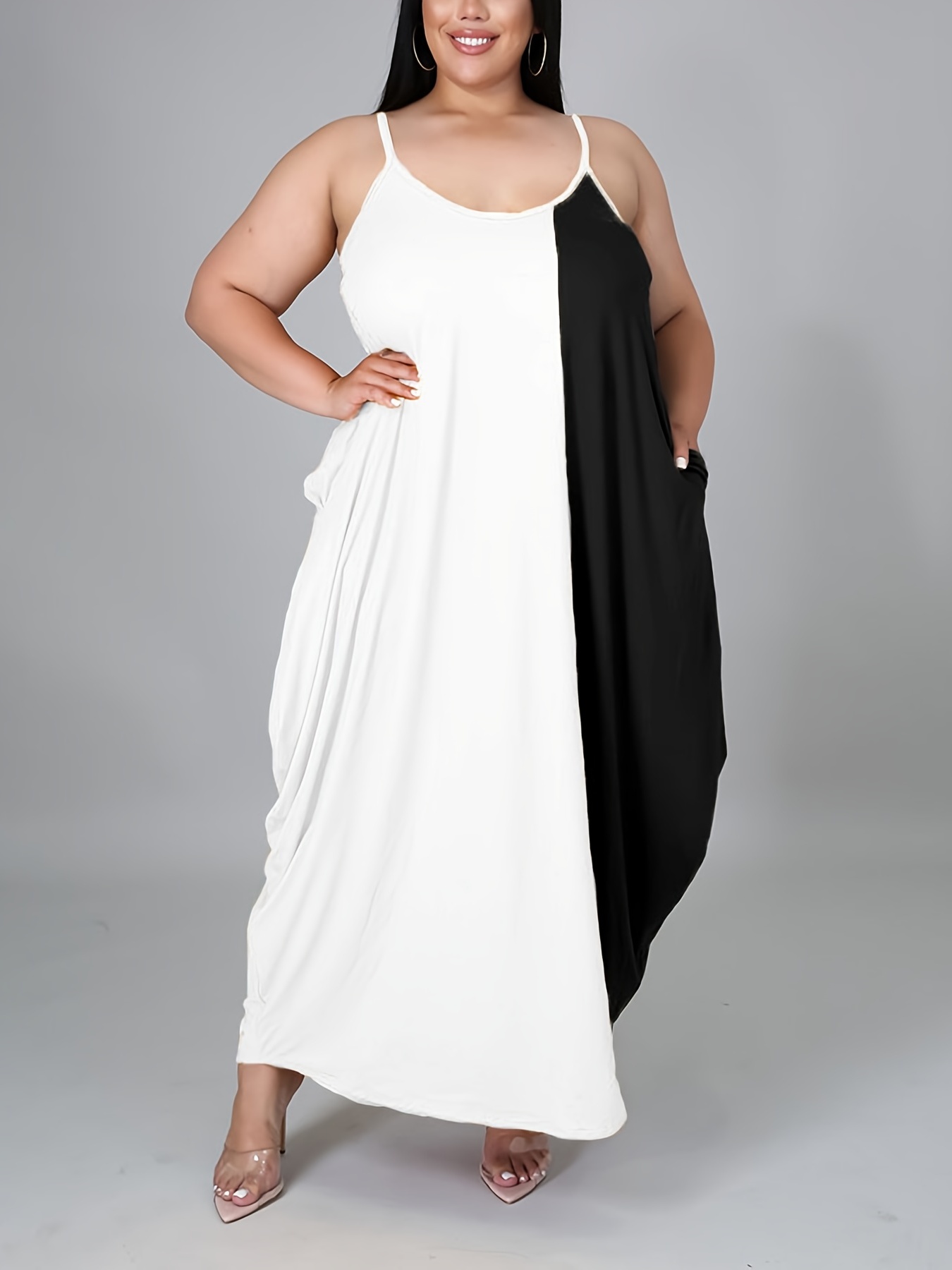 Plus Size Colorblock Cami Maxi Dress Pockets Women's Plus - Temu