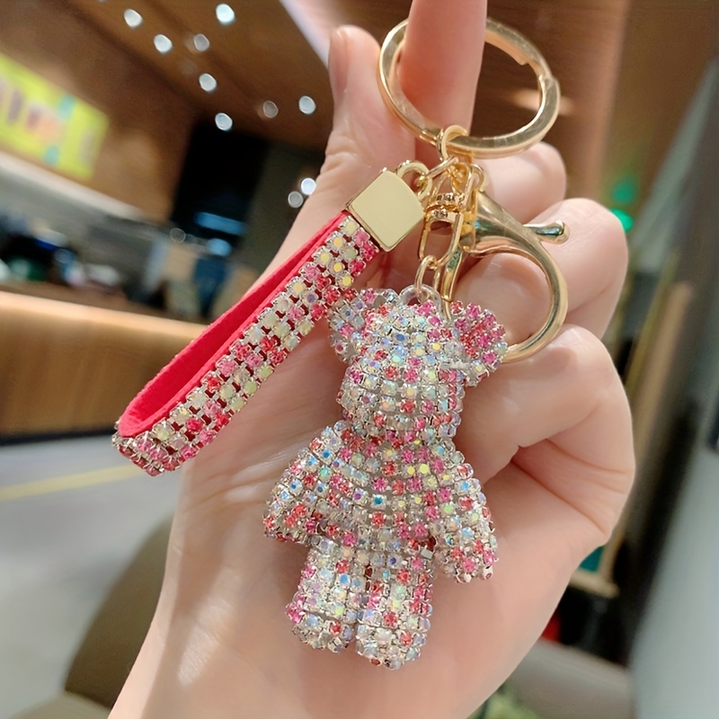 Temu Unique Fun Keychain Gift for Girls Pure Handmade DIY Inlay Full of Artificial Diamond Hairball Cute Bear Car Keychain Pendants and Bag Ornaments