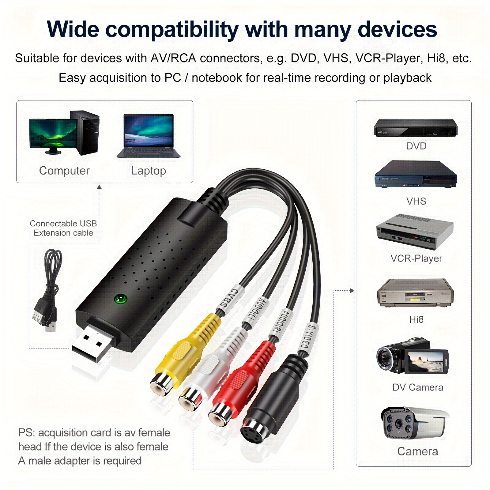 USB Audio Capture vidéo Carte Video Converter HD Modifier Acquisition vidéo  Compatible avec Un caméscope DVD PC 1set