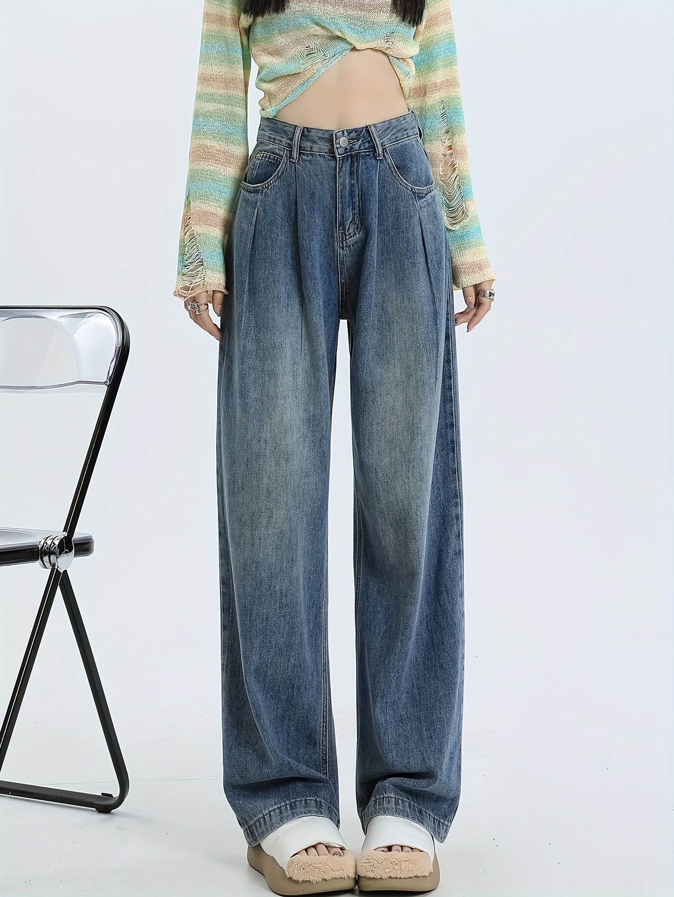 Blue Loose Fit Baggy Jeans, Straight Legs Washed Wide Legs Jeans, Women's  Denim Jeans & Clothing