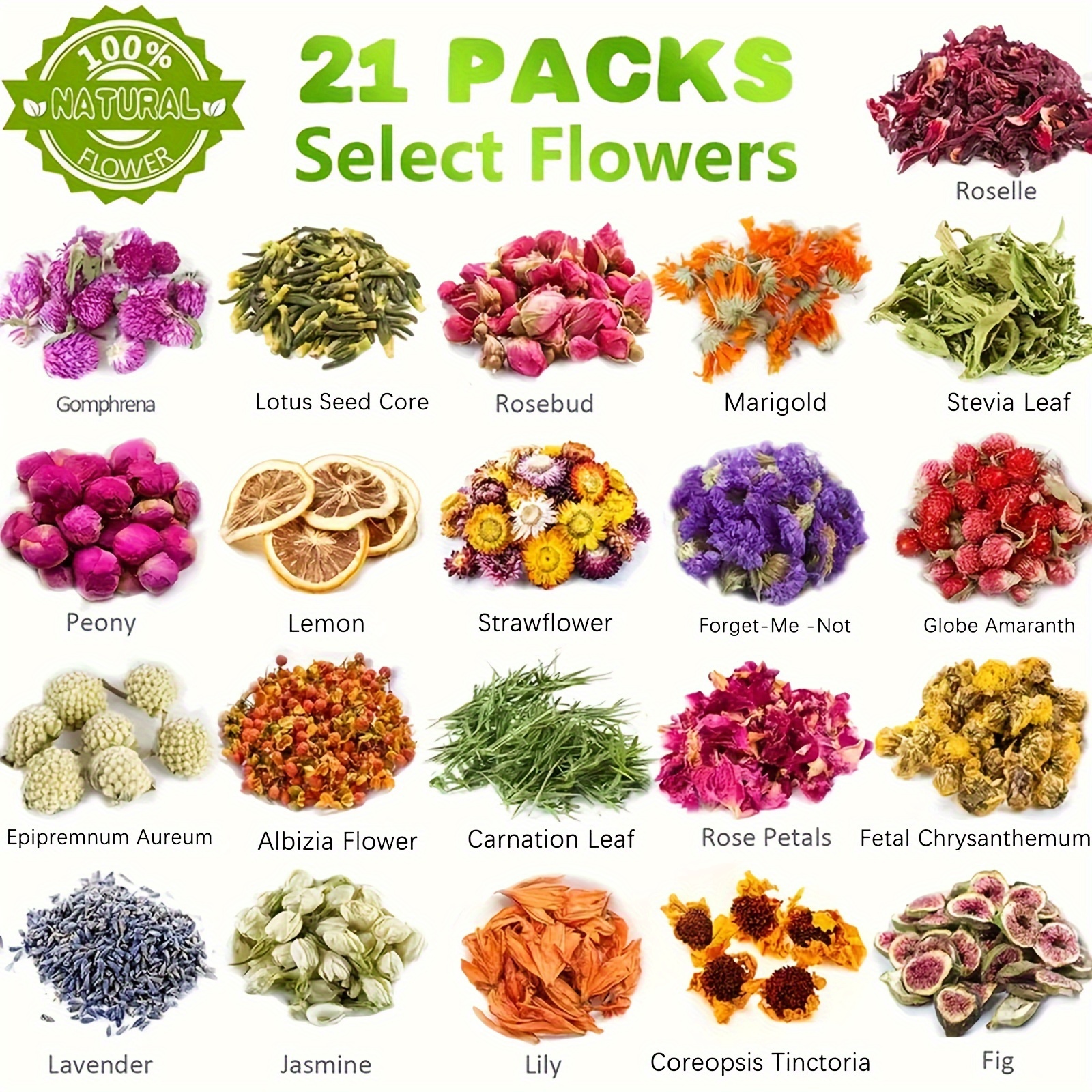 LAVEVE Dried Flowers, 21 Bags 100% Natural Dried Flowers Herbs Kit for Soap  Making, DIY Candle, Bath, Resin Jewelry Making - Include Lavender, Don't