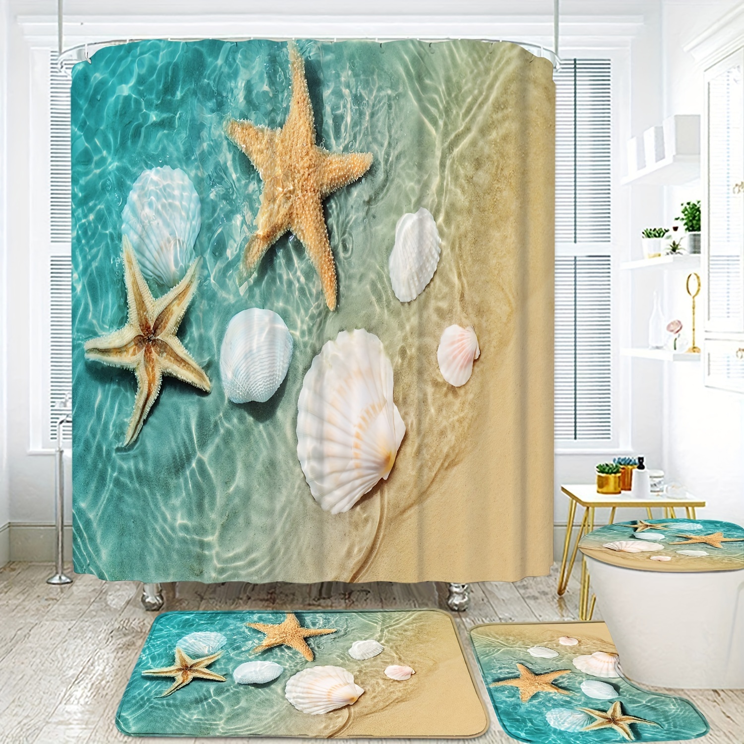 

4pcs Beach Shell Starfish Printed Shower Curtain Set, Waterproof Shower Curtain With 12 Hooks, Non-slip Rug, Toilet Lid Cover Pad And U-shaped Mat, Bathroom Accessories, Home Bathroom Decor