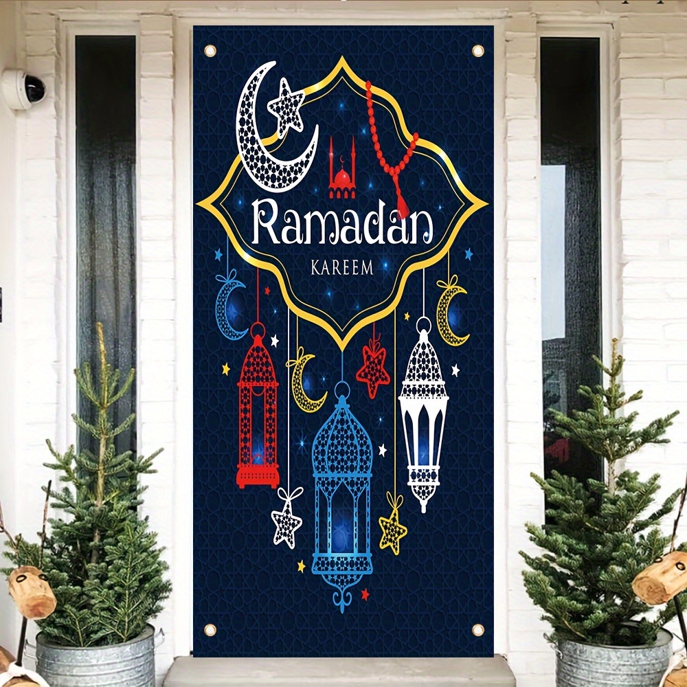 

1pc Door Cover Decoration - Polyester Moon, Lantern & With Vintage - 70x35 Inch Ramadan Party Photo Booth Banner For Indoor/outdoor Home Decor, Home Decor