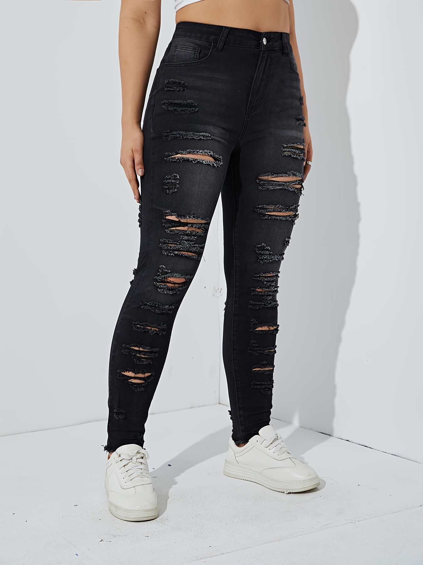 Women's Street Style Jeans Plus Size Solid Ripped Button Fly - Temu