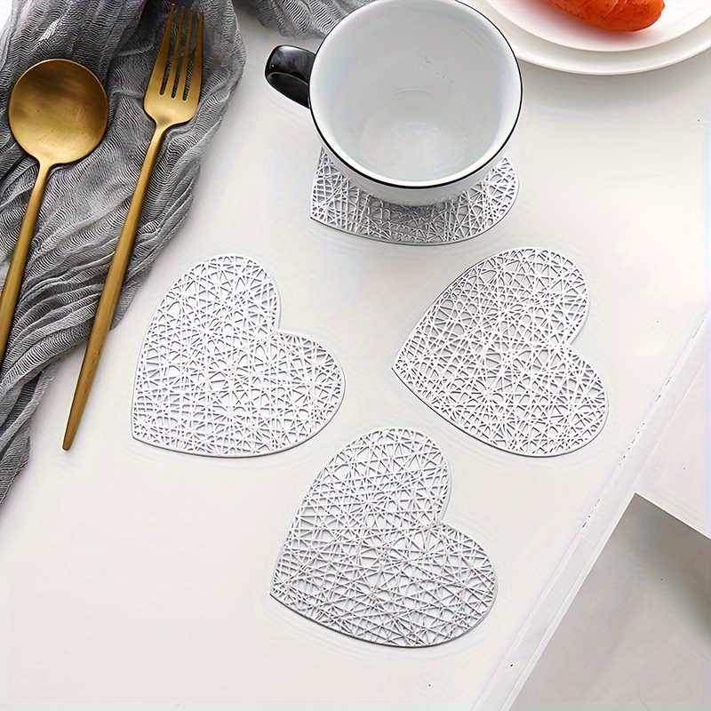 4pcs, Placemats, Creative Love Heart Shape Small Coaster, Household Decorative Meal Coaster, PVC Heat Insulation Bronzing Coaster, Coffee Non-slip Placemat, Dining Table Decor
