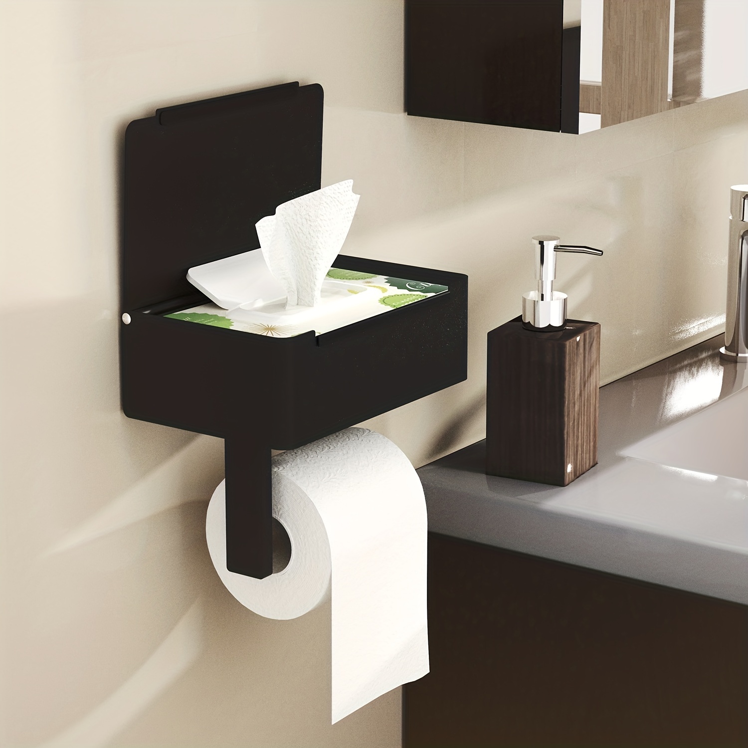 Matte black wall-mount toilet paper holder with shelf
