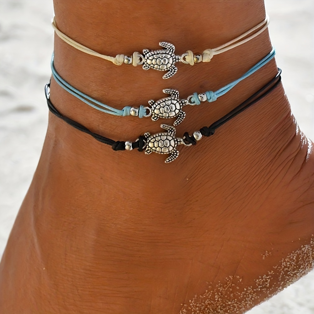 

Vintage Hemp Rope Sea Turtle Anklet Handmade Braided Turtle Beach Foot Jewelry