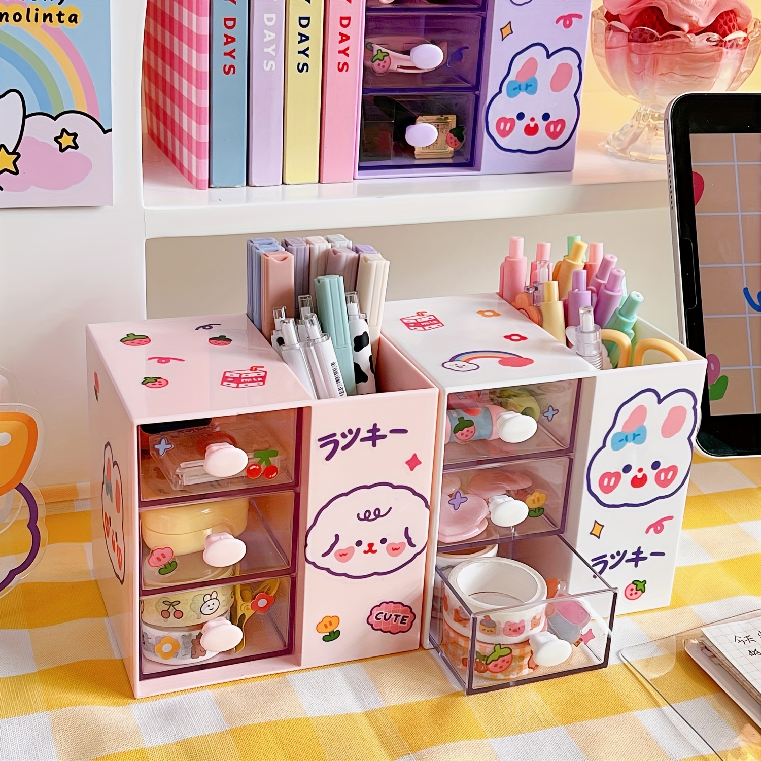 Kawaii Multifunctional Desk Organizer Pen Holder Children Girls Heart  Storage Ins Student Desk Desktop Cute Storage Box