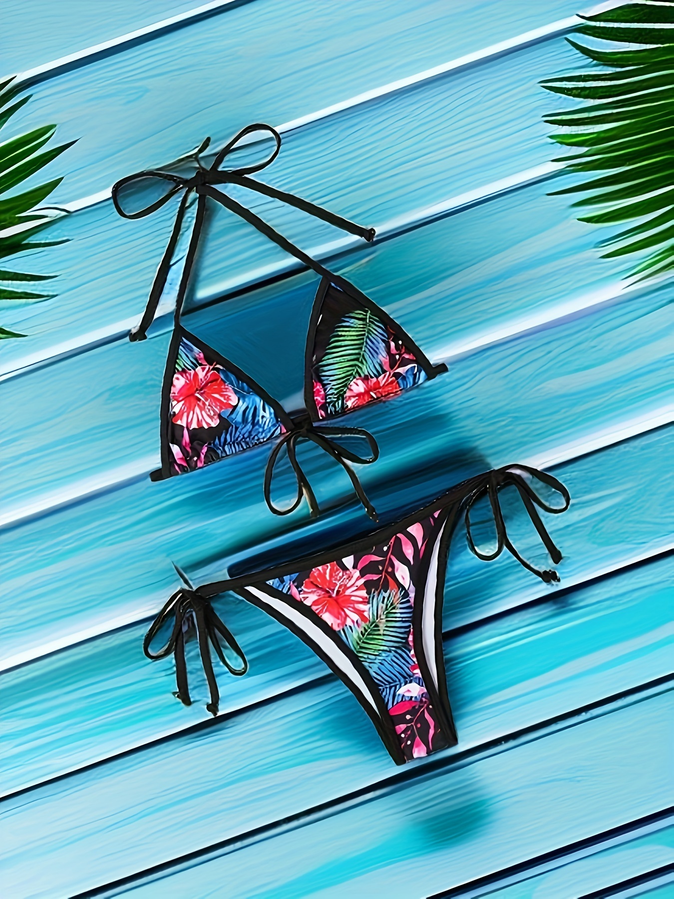  TINMIIR Women Bikini Sets Plant Print Halter Shorts