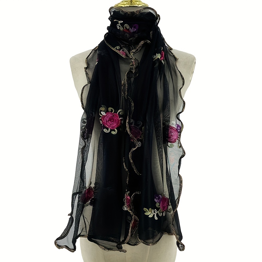 

Elegant Black Floral Embroidered Scarf With And Ruffle - 100% Polyester, Lightweight & Breathable, Shawl For Casual Wear