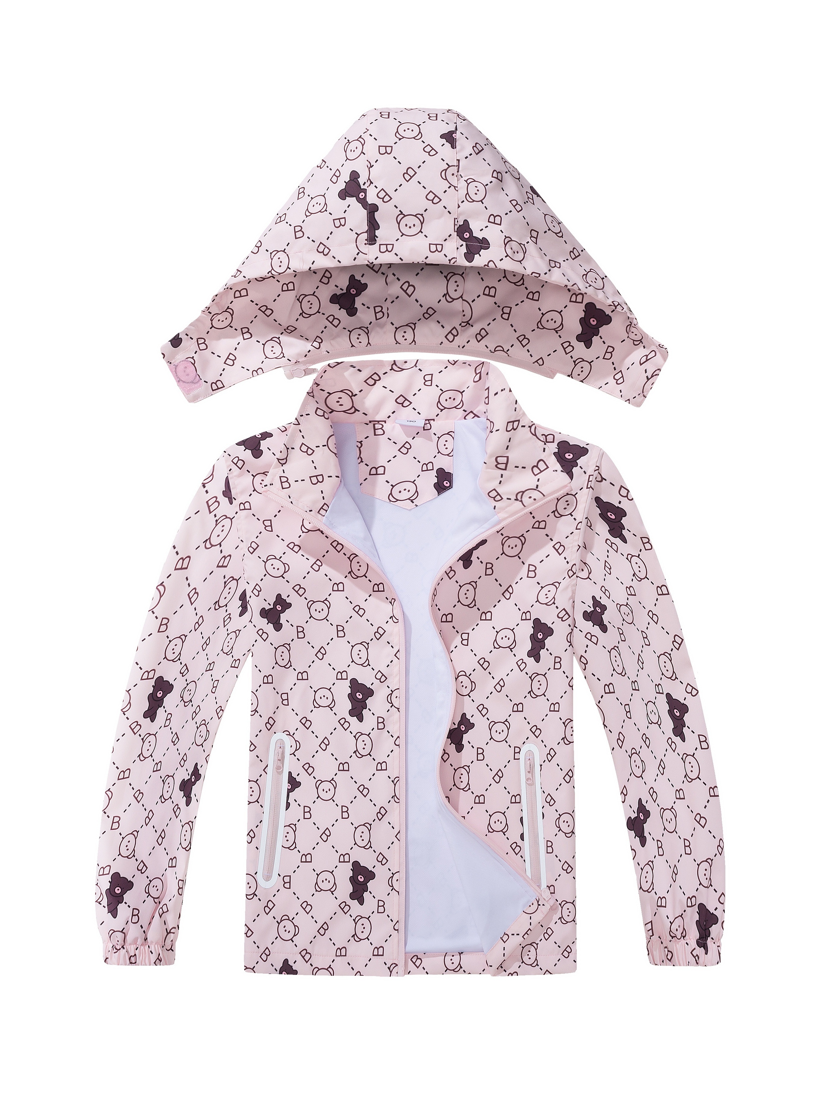 Girls' Detachable Hood Rain Jacket With Cartoon Bear Print